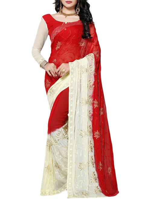 red chiffon embroidered saree with blouse - 14898825 - Very Small Image - 1