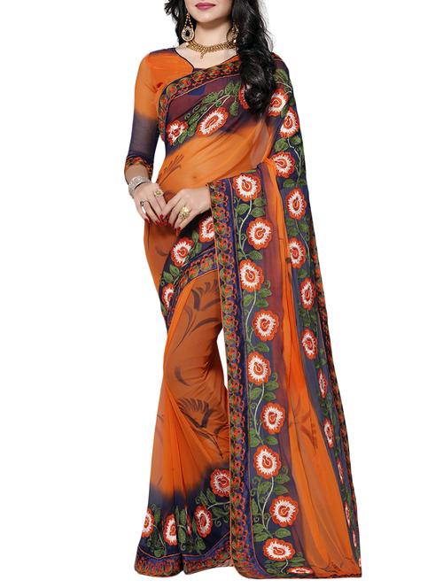 orange chiffon embroidered saree with blouse - 14898826 - Very Small Image - 1