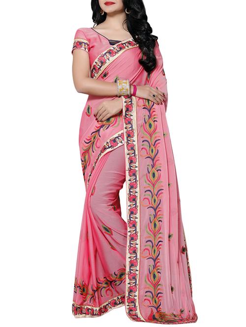 pink chiffon embroidered saree with blouse - 14898827 - Very Small Image - 1