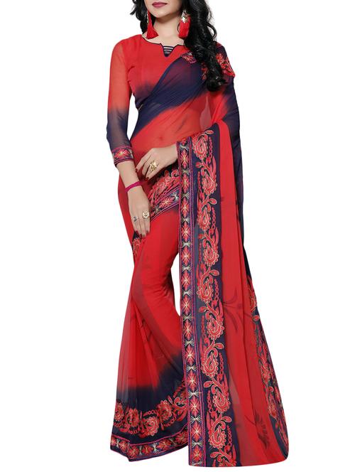 red chiffon embroidered saree with blouse - 14898829 - Standard Image - 1