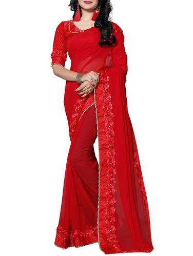 red georgette bordered saree with blouse - 14898835 - Very Small Image - 1