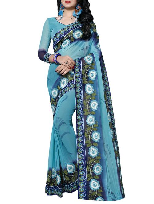 sky blue chiffon embroidered saree with blouse - 14898837 - Standard Image - 1