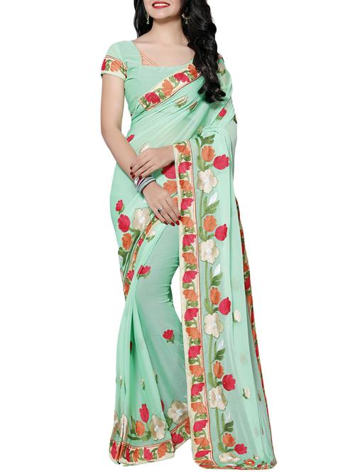 green chiffon embroidered saree with blouse - 14898839 - Standard Image - 1