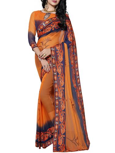 orange chiffon embroidered saree with blouse - 14898841 - Very Small Image - 1