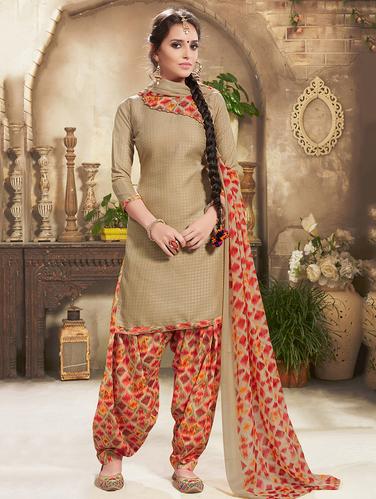 beige cotton unstitched suit - 14898982 - Very Small Image - 1