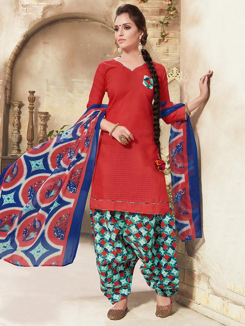 Red cotton unstitched suit - 14898985 - Standard Image - 1