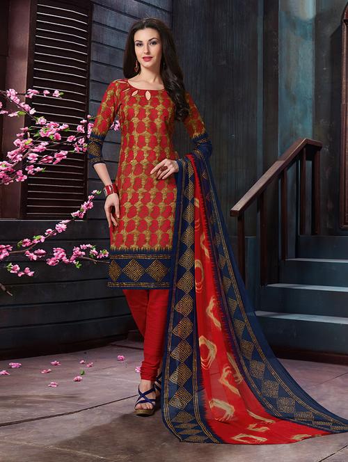 Red cotton blend unstitched suit - 14898999 - Very Small Image - 1