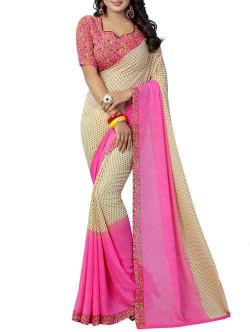 beige georgette printed saree with blouse - 14899854 - Very Small Image - 1