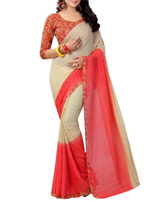 beige georgette printed saree with blouse - 14899856 - Very Small Image - 1