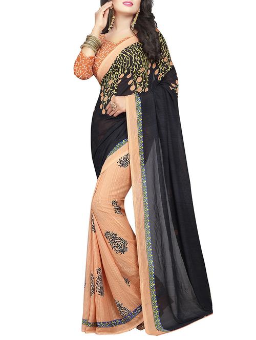 black georgette printed saree with blouse - 14899864 - Very Small Image - 1