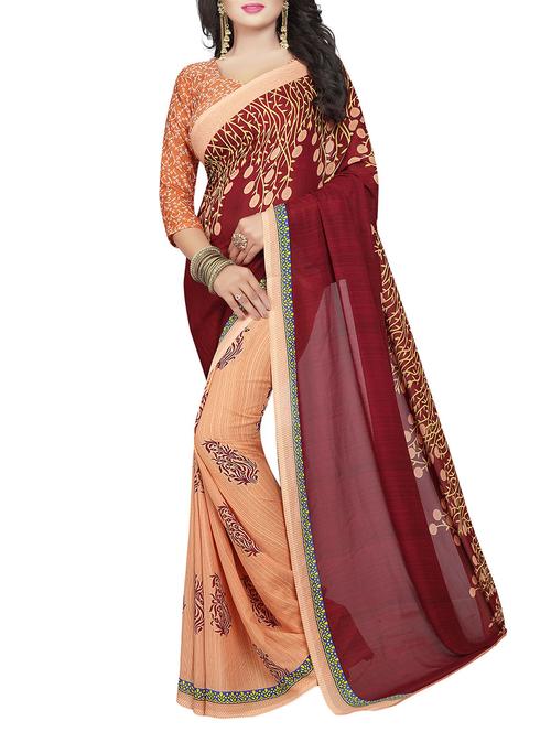 maroon georgette printed saree with blouse - 14899865 - Very Small Image - 1