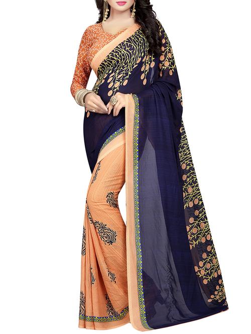 blue georgette printed saree with blouse - 14899866 - Very Small Image - 1