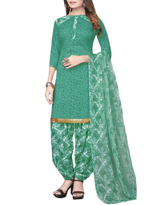 green synthetic printed unstitched suit - 14900179 - Very Small Image - 1