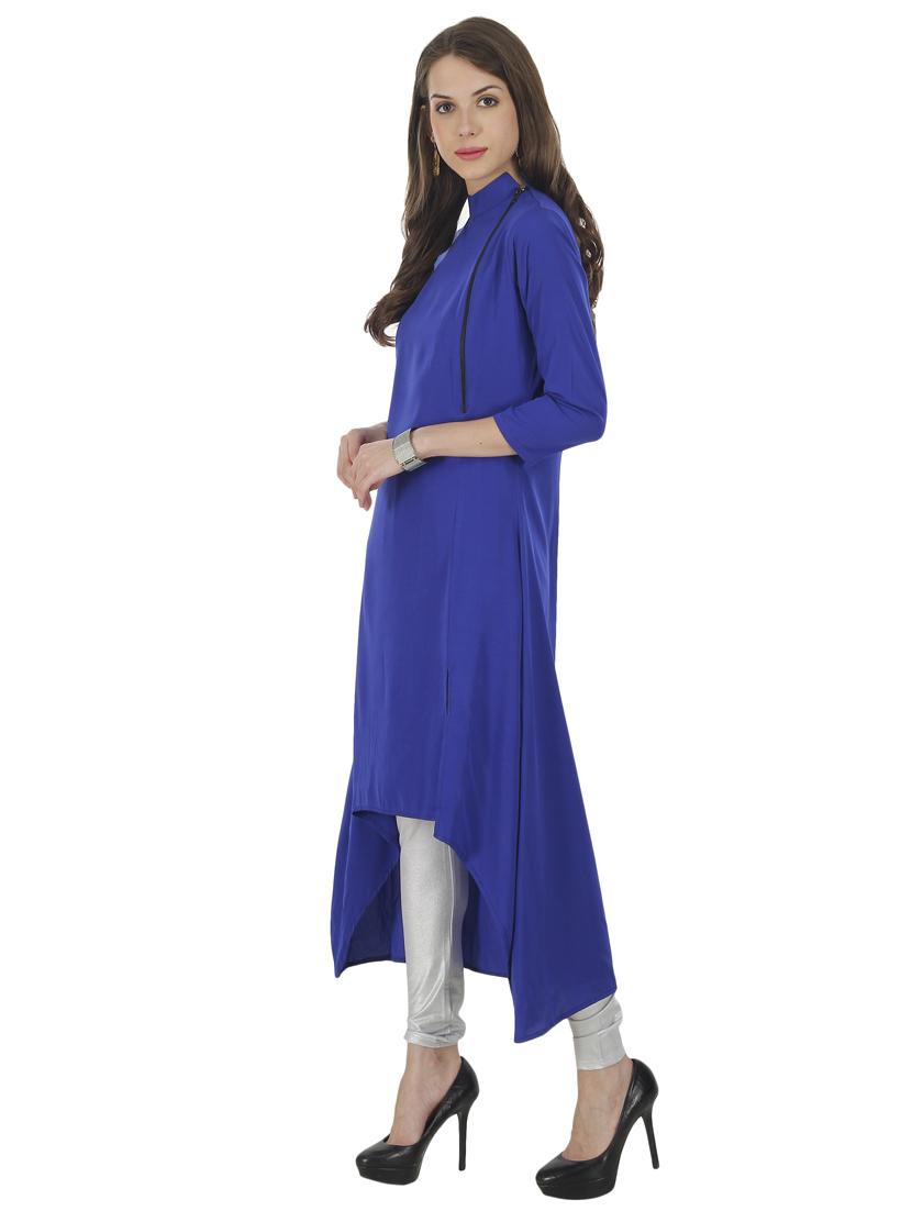 blue crepe solid high-low kurta - 14900338 - Zoom Image - 2