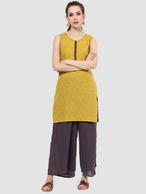 Indian Dobby yellow cotton straight kurta - 14900581 - Standard Image - 1
