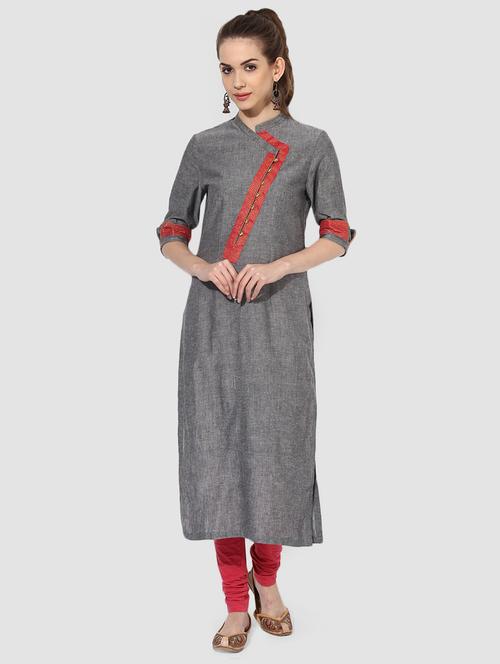 Indian Dobby grey cotton straight kurta - 14900583 - Standard Image - 1