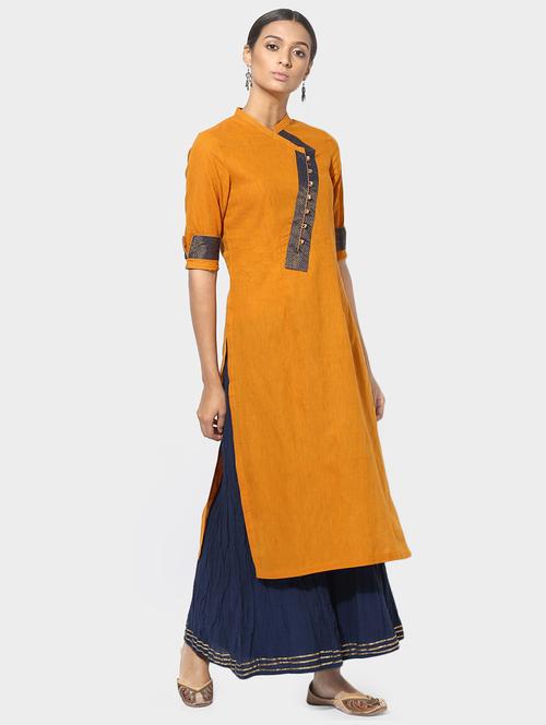 Indian Dobby mustard cotton straight kurta - 14900585 - Standard Image - 1