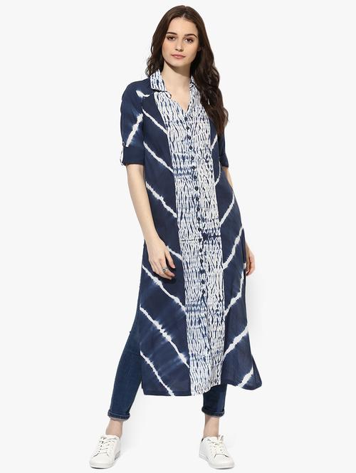 Indian Dobby blue cotton a-line kurta - 14900586 - Standard Image - 1