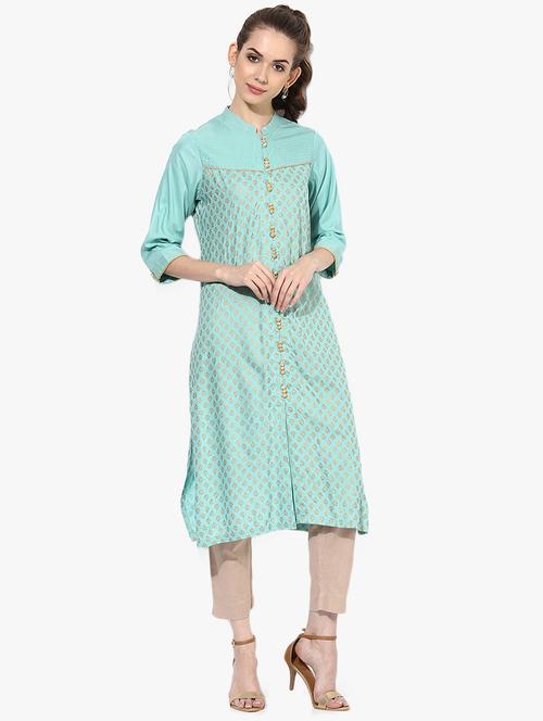 Indian Dobby turquoise rayon straight kurta - 14900590 - Very Small Image - 1