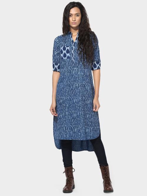 Indian Dobbyblue cotton high-low kurta - 14900592 - Standard Image - 1