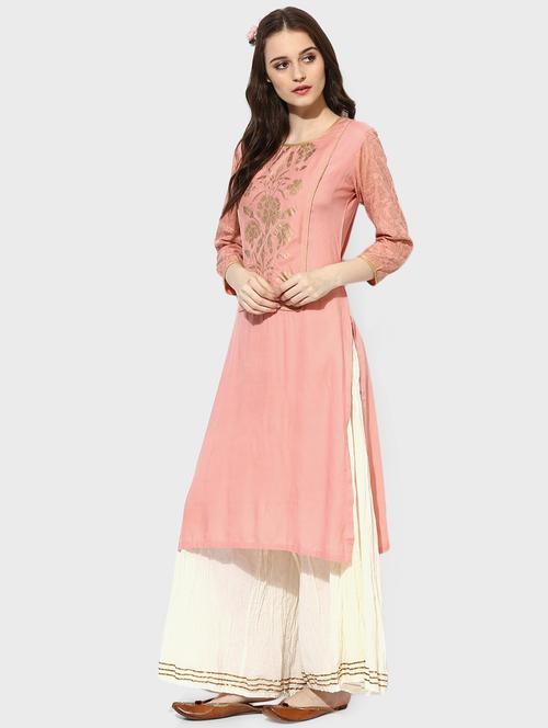 Indian Dobby pink rayon straight kurta - 14900596 - Very Small Image - 1