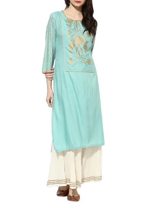 Indian Dobby turquoise rayon straight kurta - 14900598 - Standard Image - 1
