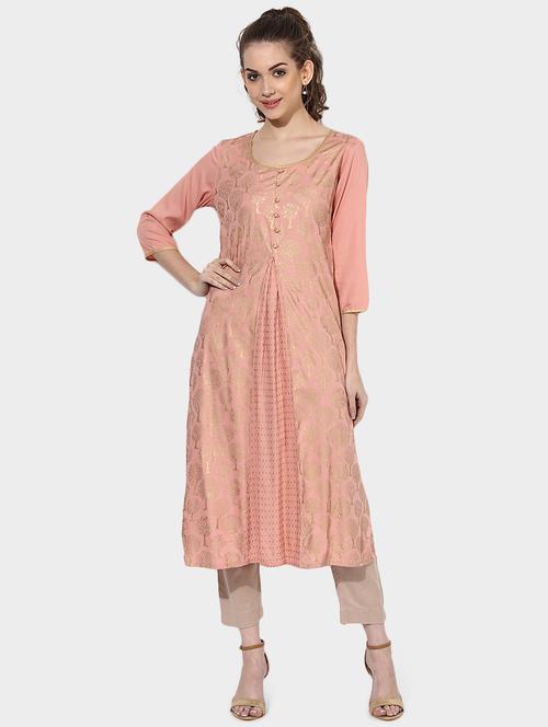 Indian Dobby pink rayon gold printed kurta - 14900599 - Standard Image - 1