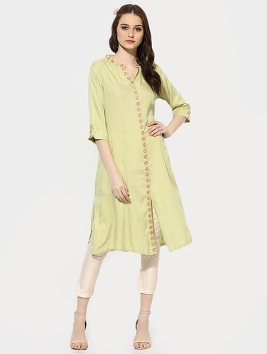 Indian Dobby green rayon a-line kurta - 14900608 - Very Small Image - 1