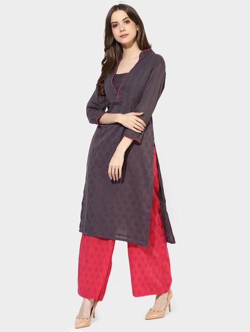 Indian Dobby grey cotton straight kurta - 14900610 - Standard Image - 1