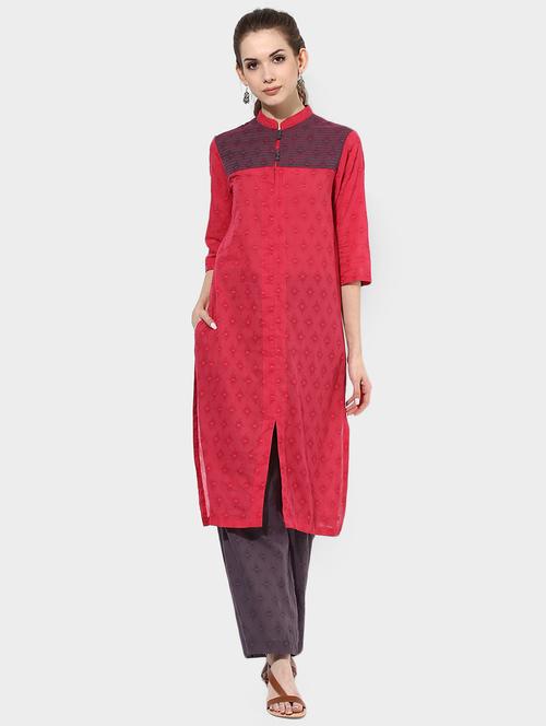 Indian Dobby pink cotton straight kurta - 14900611 - Standard Image - 1