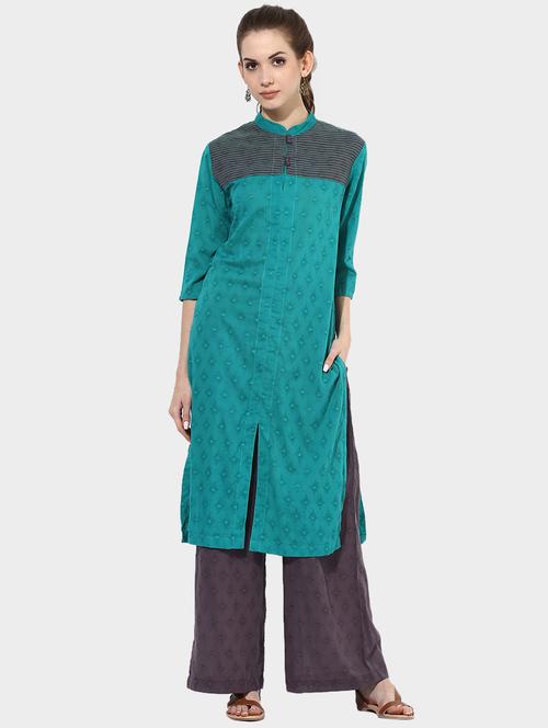 Indian Dobby green cotton straight kurta - 14900612 - Standard Image - 1