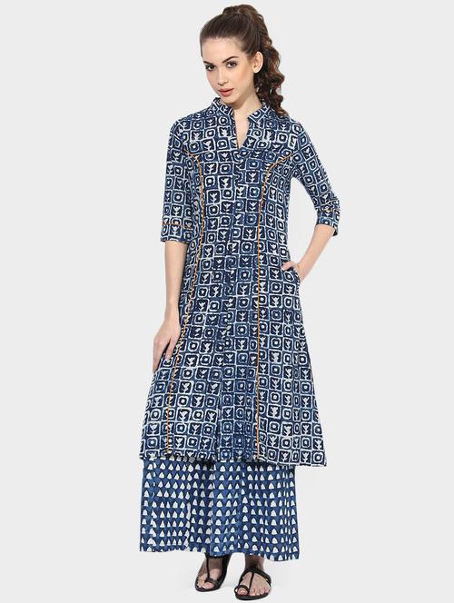 Indian Dobby blue cotton a-line kurta - 14901682 - Standard Image - 1