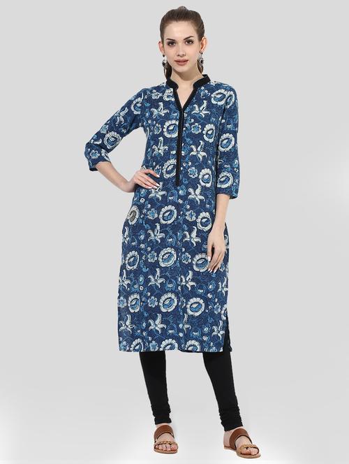 blue cotton straight kurta - 14901690 - Standard Image - 1