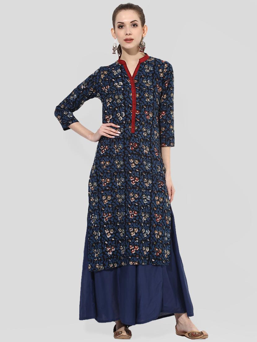 Indian Dobby blue cotton straight indigo kurta - 14901695 - Zoom Image - 1