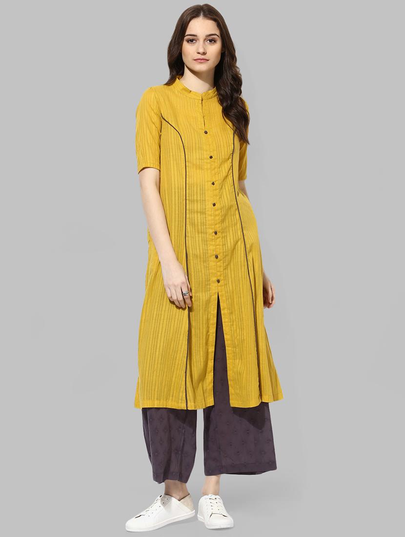 yellow cotton aline kurta - 14901699 - Zoom Image - 1