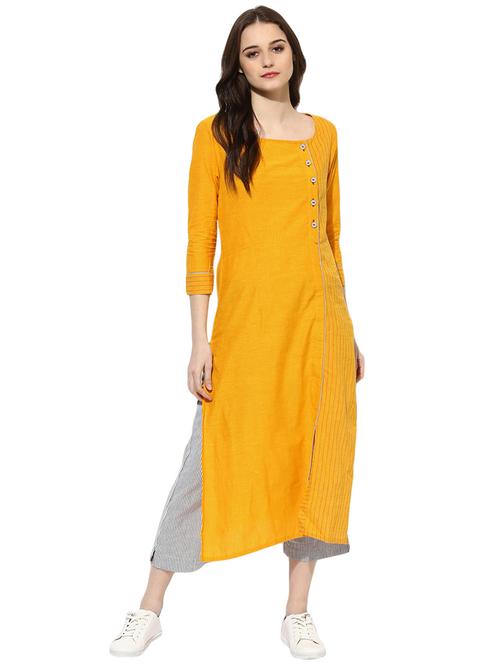Indian Dobby yellow cotton straight kurta - 14901700 - Standard Image - 1