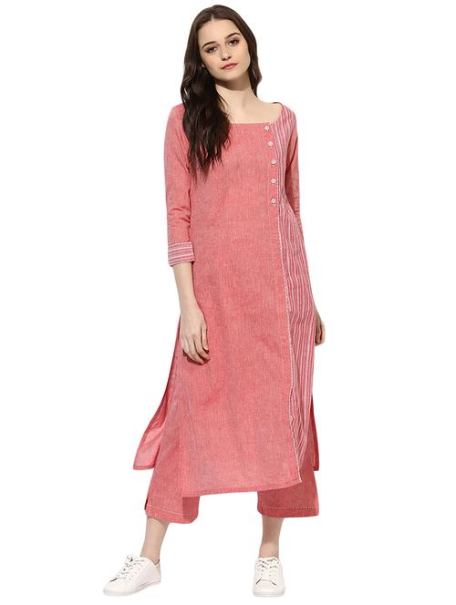 Indian Dobby pink cotton straight kurta - 14901701 - Standard Image - 1