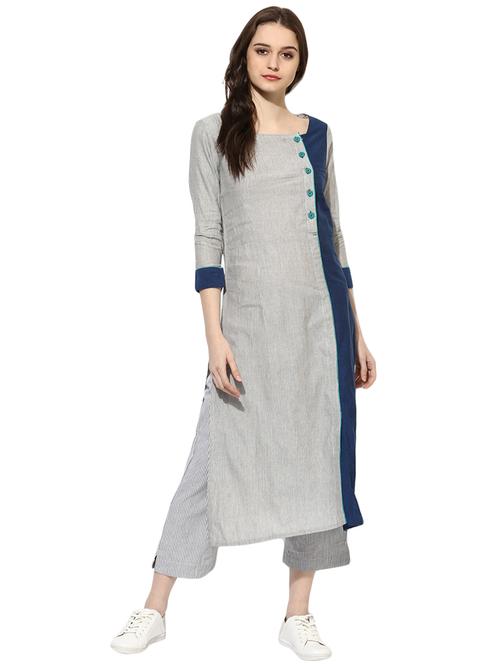 Indian Dobby blue cotton straight kurta - 14901702 - Standard Image - 1