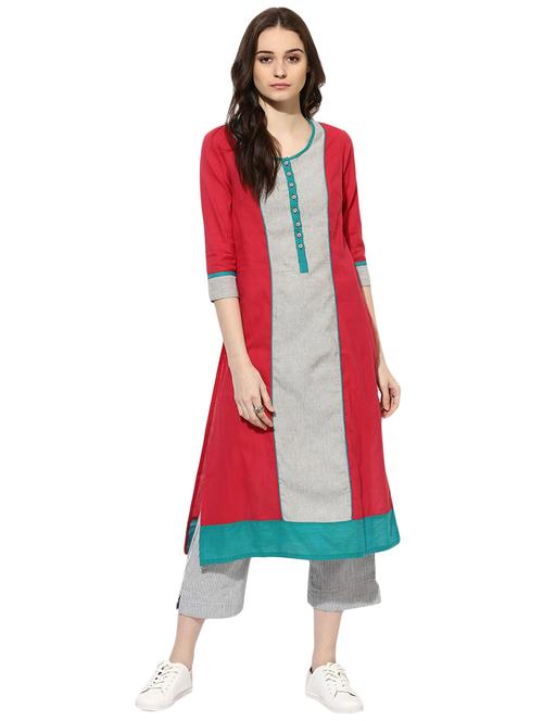 Indian Dobby red cotton straight kurta - 14901704 - Standard Image - 1
