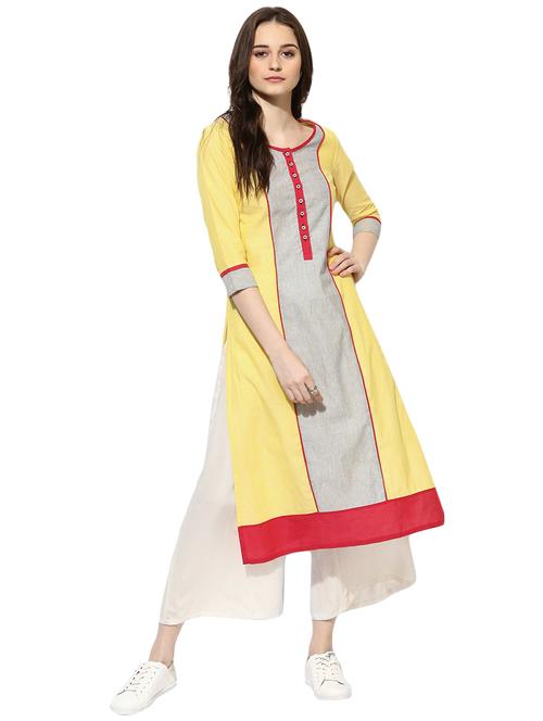 yellow cotton straight kurta - 14901705 - Standard Image - 1