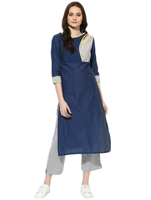 Indian Dobby blue cotton straight kurta - 14901706 - Standard Image - 1