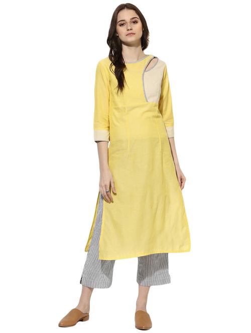 Indian Dobby yellow cotton straight kurta - 14901707 - Standard Image - 1