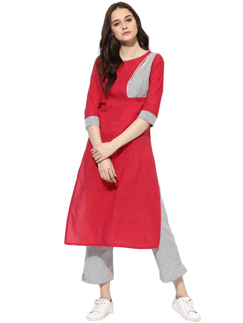 red cotton straight kurta - 14901709 - Zoom Image - 1