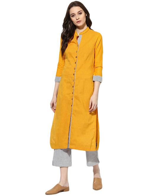yellow cotton straight kurta - 14901712 - Standard Image - 1