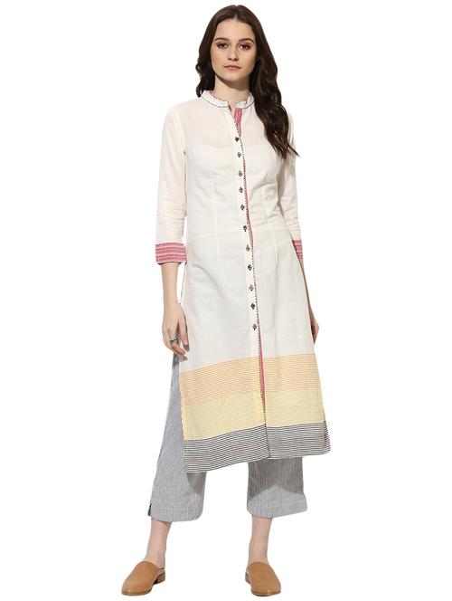 Indian Dobby white cotton straight kurta - 14901713 - Standard Image - 1