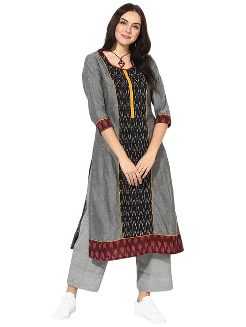 Indian Dobby grey cotton ikat kurta - 14901715 - Standard Image - 1