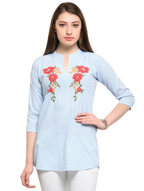 blue crepe striped embroidered tunic - 14901910 - Very Small Image - 1