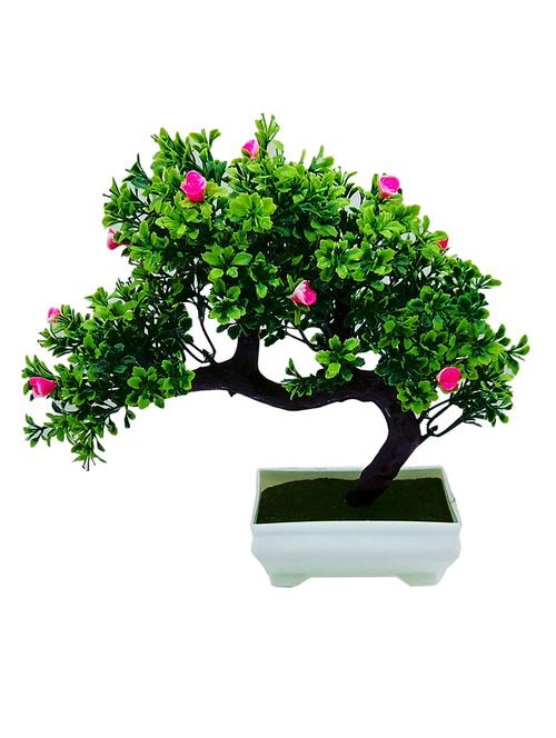 Artificial Plant Bent Bonsai Tree With Dark Green Leaves and Pink Flowers - 14902086 - Standard Image - 1