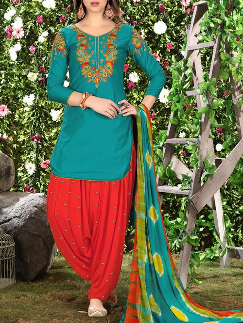 turquoise cotton semi-stitched patiyala suit - 14902170 - Very Small Image - 1