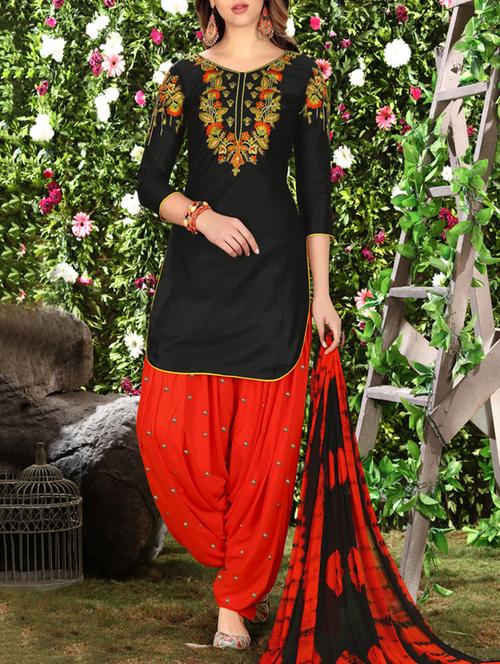 black cotton semi-stitched patiyala suit - 14902172 - Very Small Image - 1